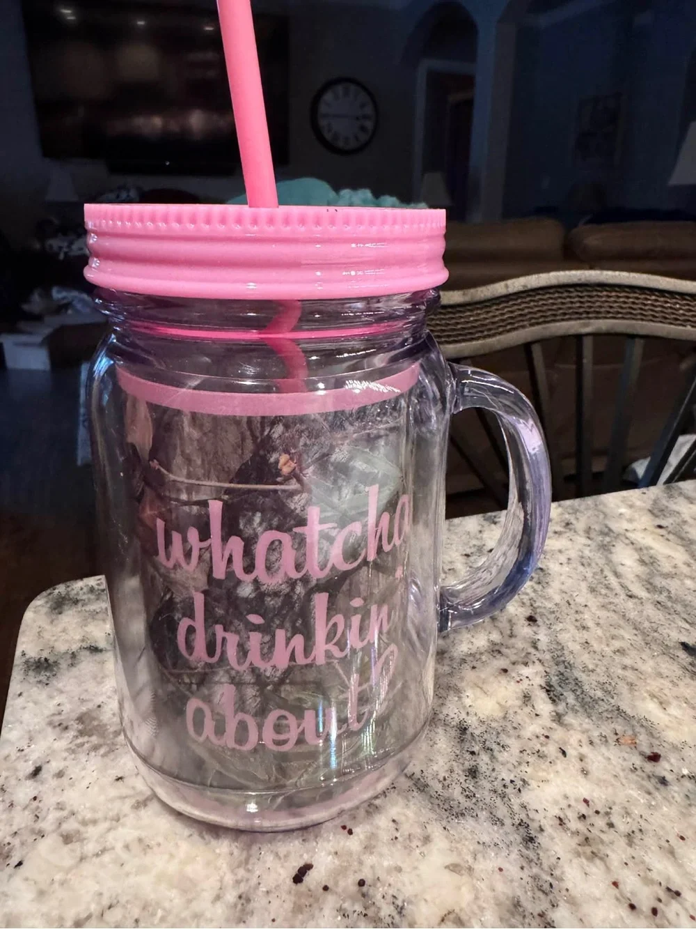 Hand Crafted Pink-Lid Mason Mug with Handle and Straw